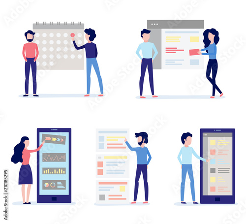 Using and customizing application set. Mobile app with user-friendly interface concept - people performing custom settings, isolated flat vector illustration.