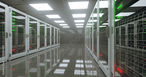 Big High Tech Server Data Center With Reflective Floor Artificial Intelligence Concept. 3D Rendering