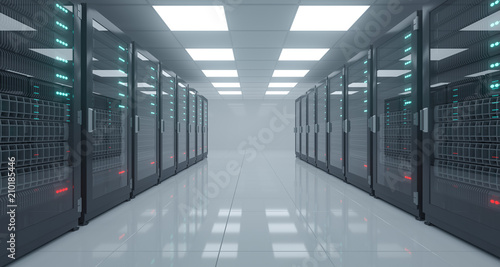 Big High Tech Server Data Center With Reflective Floor And A Lot Of Servers Artificial Intelligence Concept. 3D Rendering photo