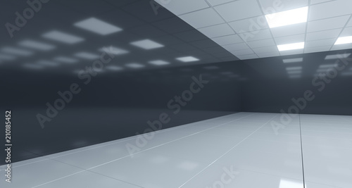 Closeup Black And White Empty Room With Square Lights On Ceiling And Reflective Floor. 3D Rendering