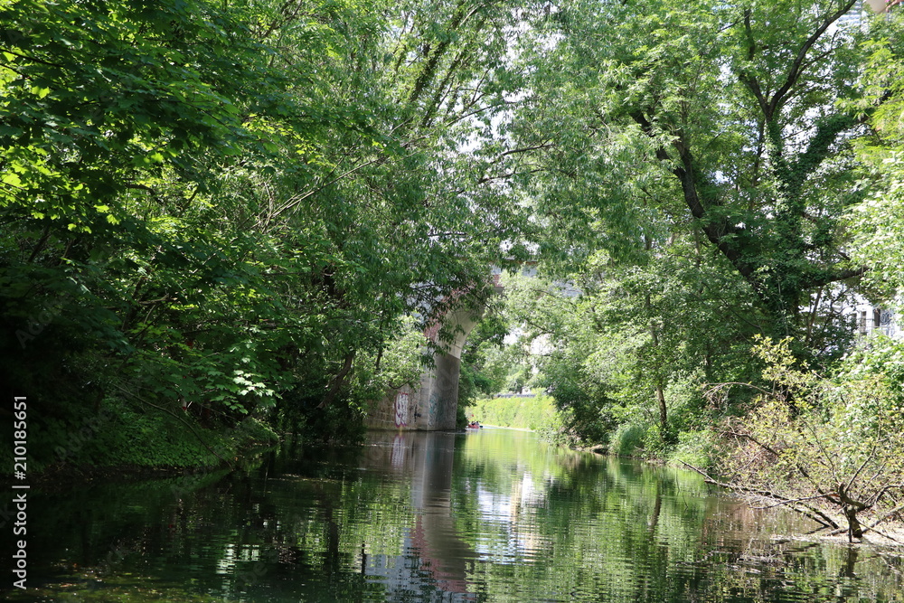 Fototapeta premium Boat trip on the Karl-Heine-Canal in Leipzig, Germany