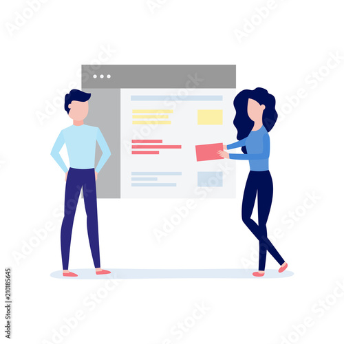 Using mobile application concept with young characters standing near big tablet or pc screen adding information to app isolated on white background. Flat vector illustration.