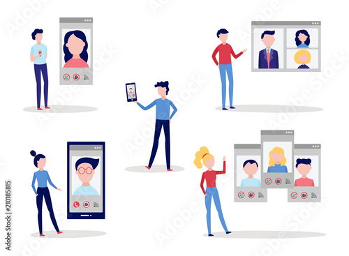 Video call chat conference set with men and women using smartphone and computer to speak with other people over web camera isolated on white background, flat vector illustration.