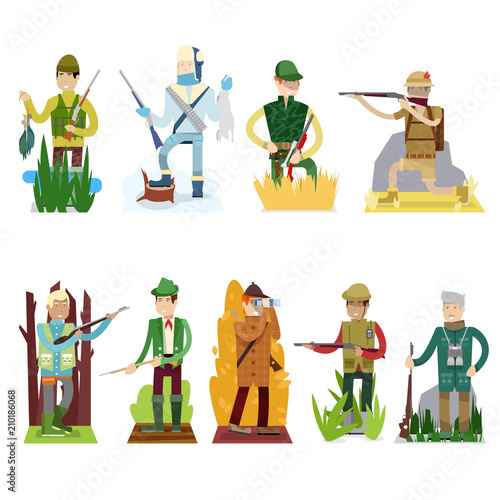 Hunter vector set hunting gun in forest cartoon character in hat hunt with rifle or shotgun illustration isolated on white background