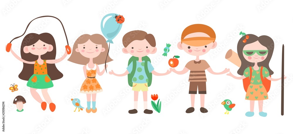 Happy kids, holiday and camping playing with camp elements. Jouful children cartoon vector illustration, set of cartooning happy kids on summer holidays