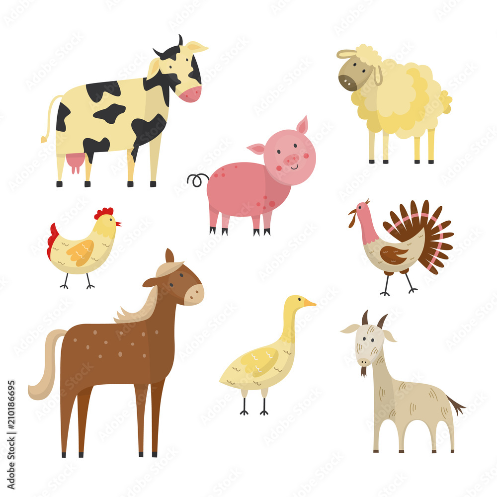 Flat farm animals and birds live stock set. Funny mammals - spotted white  black cow, brown horse,