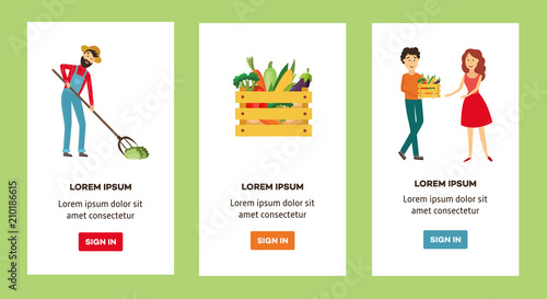 Farm products live circle concept banners set. Vegetables are collected by farmer and gathered into wooden box delivered by delivery man to a woman. Vector illustration
