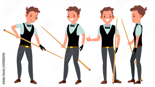 Snooker Male Player Vector. In Action. Professional Player Playing. Pool Room. Billiard. Cartoon Character Illustration
