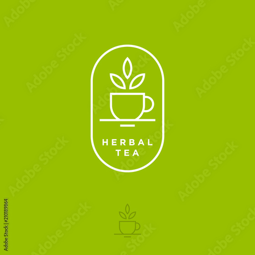 Herbal tea logo. Cup and leaves. Flat linear logo. Monochrome option.