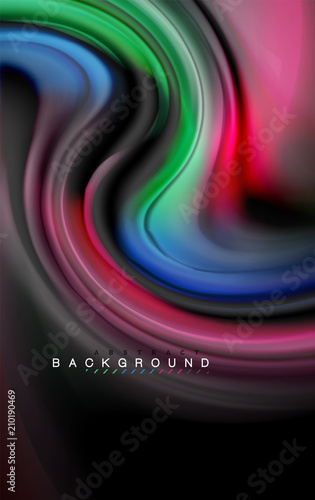 Fluid liquid colors design, colorful marble or plastic wavy texture background, glowing multicolored elements on black, for business or technology presentation or web brochure cover design, wallpaper