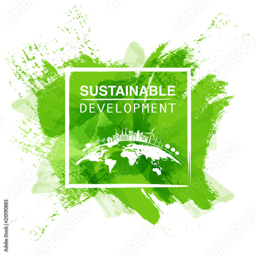 Sustainable development logo with green watercolor paint background, Vector illustration