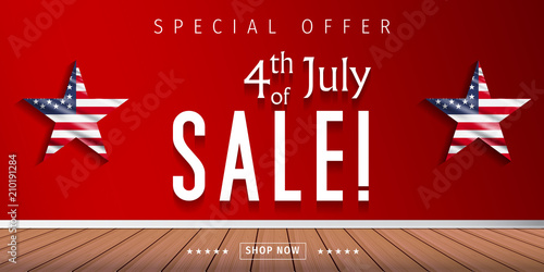 Banner for 4th of July Sale design. Independence day sale with 3d percent symbol. Vector illustration for business promotion.