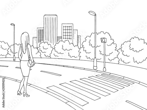 Street road graphic black white city landscape sketch illustration vector. Woman waiting