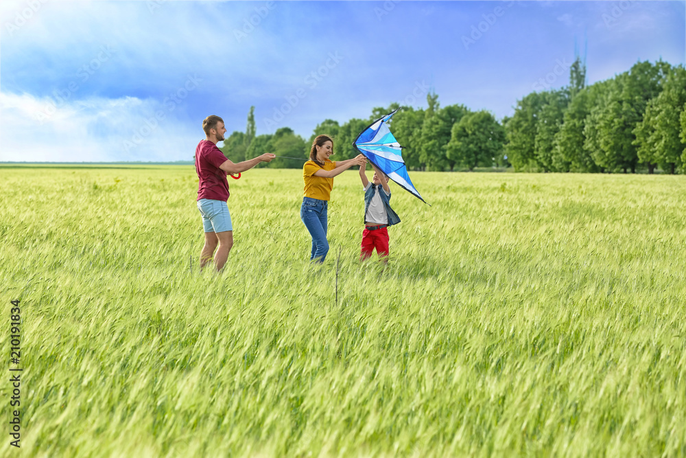 Happy family flying kite in the field Happy family flying kite in the field