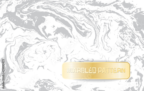 White and gray marble pattern. Light marbling texture. Decorative marbled background with gold banner. Vector illustration.