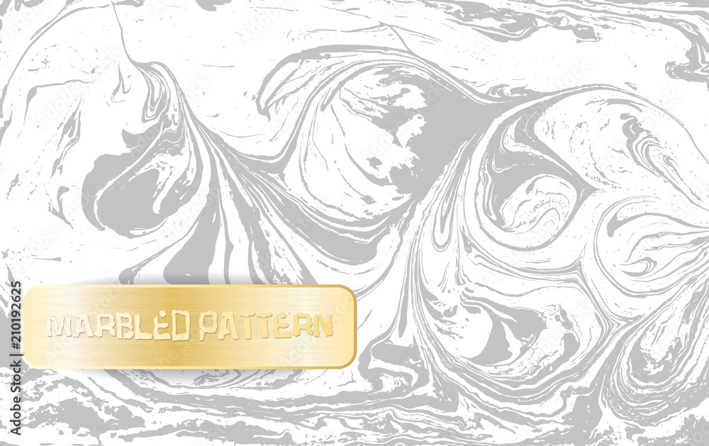 Obraz premium White and gray marble pattern. Light marbling texture. Decorative marbled background with gold banner. Vector illustration.