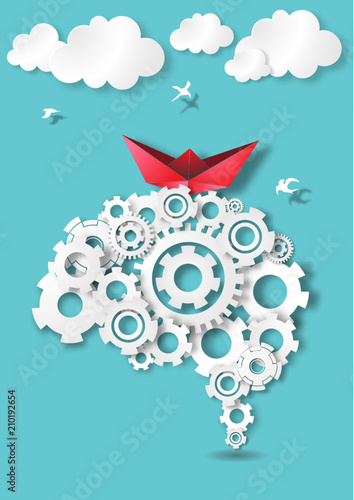 Paper art style leadership concept thinking vision , paper boat sailing float on the brain gear vector