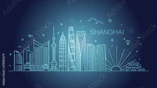 Shanghai architecture line skyline illustration. Linear vector cityscape with famous landmarks