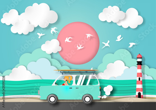 Paper art summer background with van car in summer beach view paper cut style vector