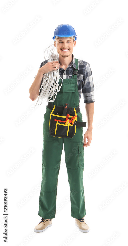 Young male electrician on white background Young male electrician on white background