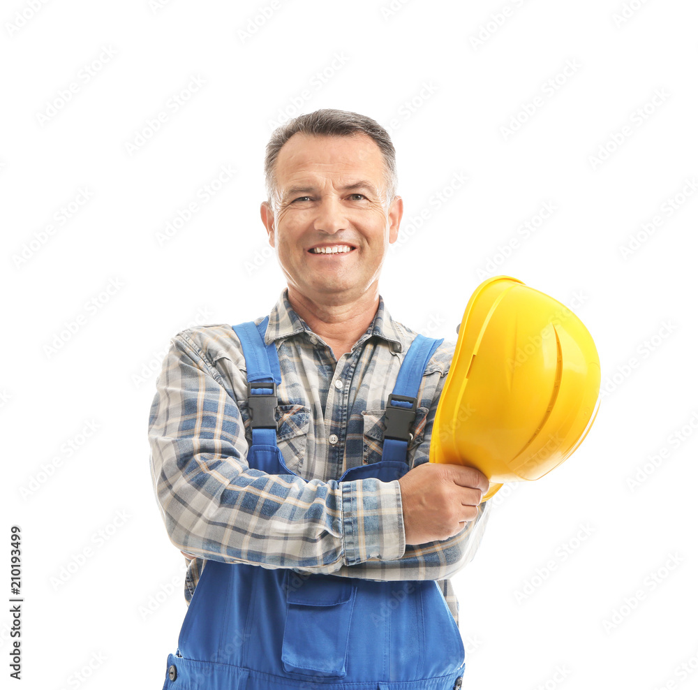 Mature male electrician with hardhat on white background Mature male electrician with hardhat on white background