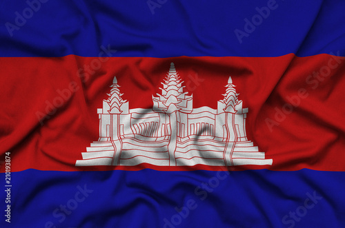 Cambodia flag  is depicted on a sports cloth fabric with many folds. Sport team banner photo