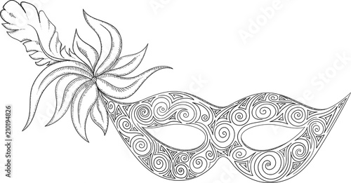 Black carnival mask sketch isolated on white.