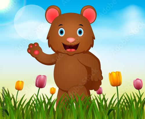 Vector summer nature background with cute bear illustration