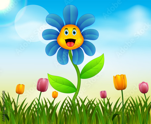 Vector summer nature background with cute flower cartoon illustration