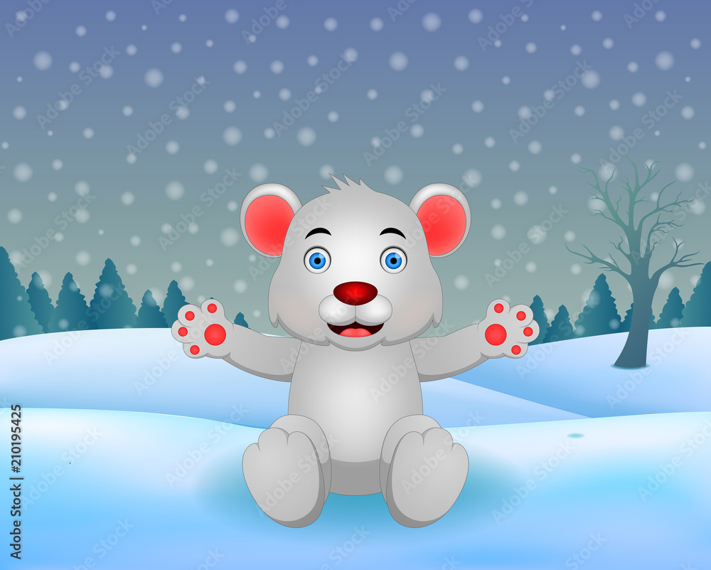 Vector winter nature background with cute bear illustration