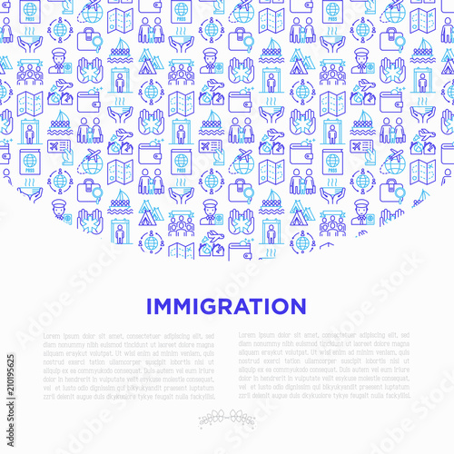 Immigration concept with thin line icons: immigrants, illegals, baggage examination, passport, international flights, customs, inspection, refugee camp, demonstration. Vector illustration.