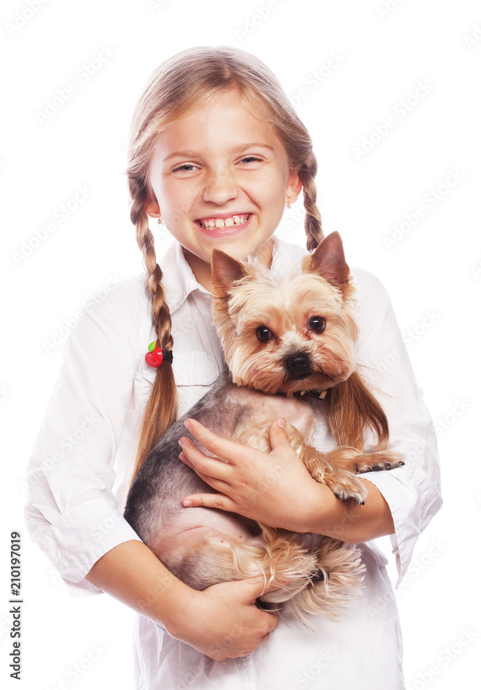Beautiful blond girl with cute yorkshire terrier dog, isolated Beautiful blond girl with cute yorkshire terrier dog, isolated