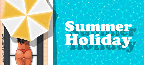 Summer holiday banner with girl sunbathing