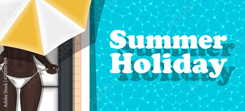Summer holiday banner with girl sunbathing