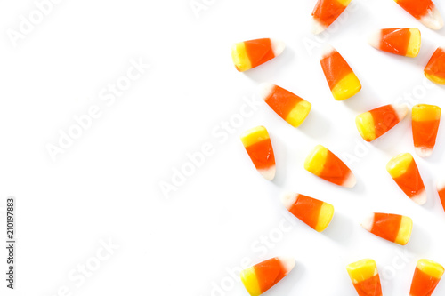 Typical halloween candy corn isolated on white background. Copyspace