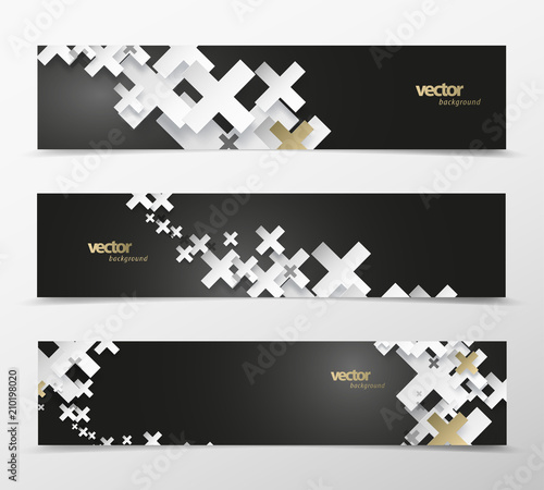 Set of abstract black and white plus signs with golden decoration web headers.
