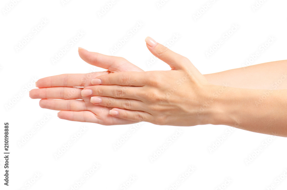 Female hand palm on white background isolation