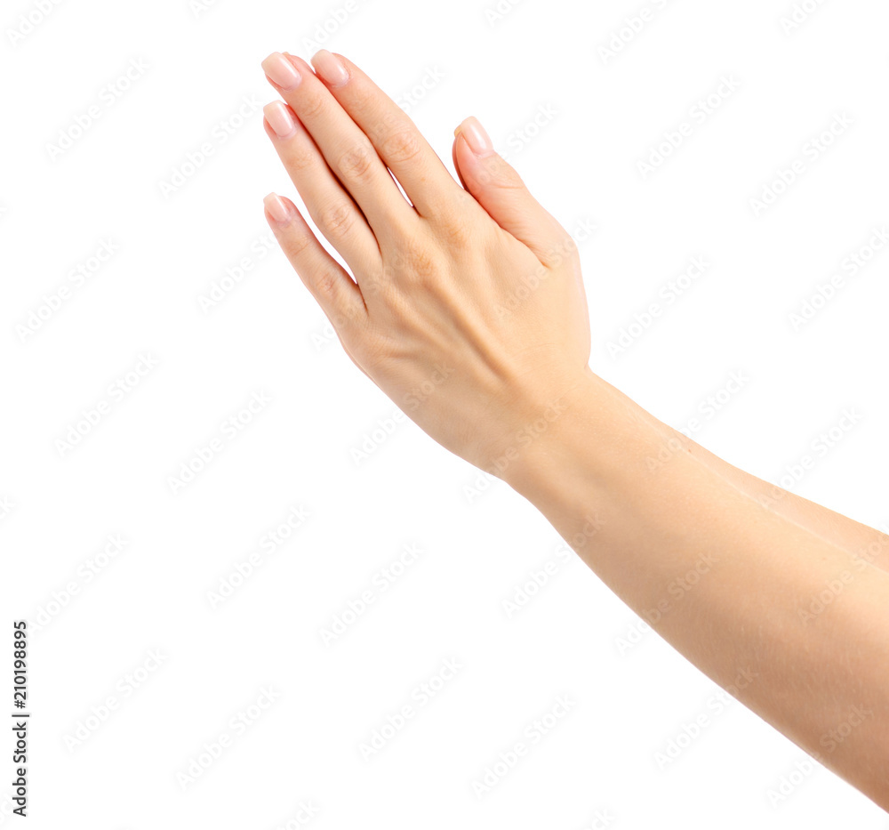 Female hand empty prayer on white background isolation