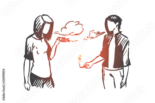 Vape, e-cigarette, girl, smoke concept. Hand drawn isolated vector.
