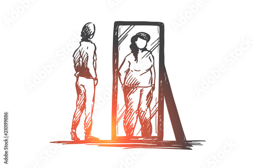 Girl, mirror, body, distorted, weight concept. Hand drawn isolated vector.