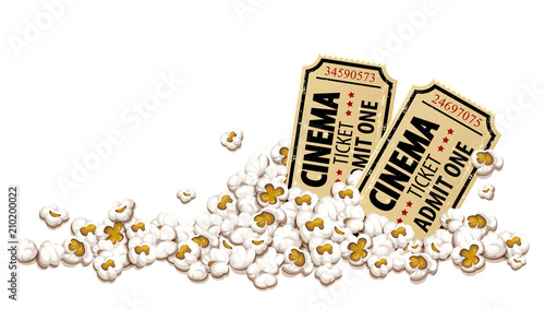 Cinema tickets for movie theater in popcorn, isolated white