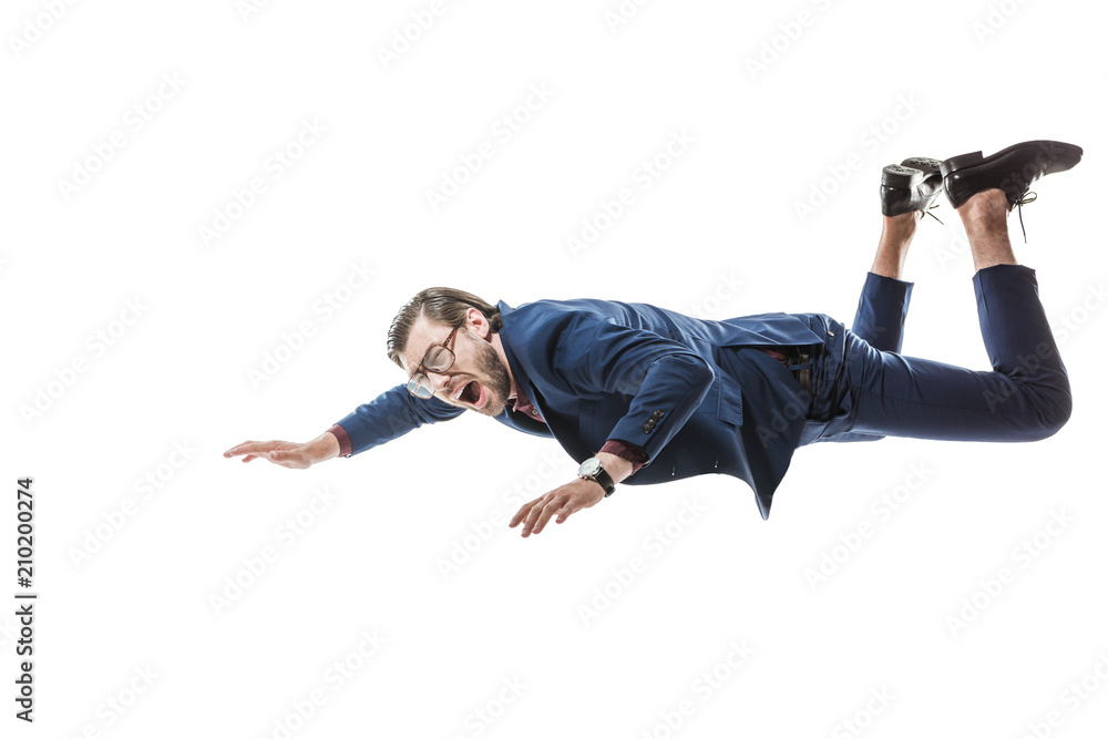 Φωτογραφία businessman in suit and eyeglasses screaming while falling isolated on white