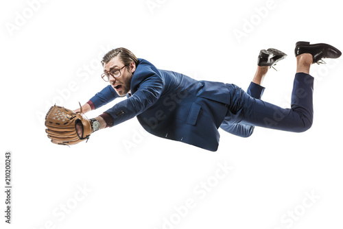 Photography businessman in baseball glove falling and looking away isolated on white