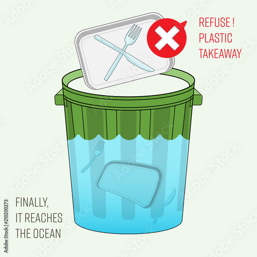 Plastic cutlery and food container dumped into the bin. Which the lower part representing it reaches the ocean finally. Ocean plastic pollution concept. Vector illustration.