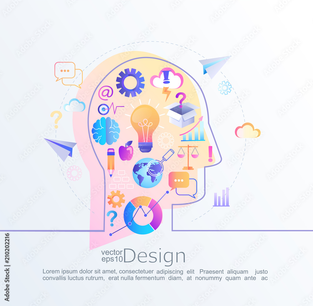 Creative infographic concept of big inspiration in our brain with head profile.Effective thinking. Various signs and symbols, business icons in flat style that lead to an big idea.Vector illustration.