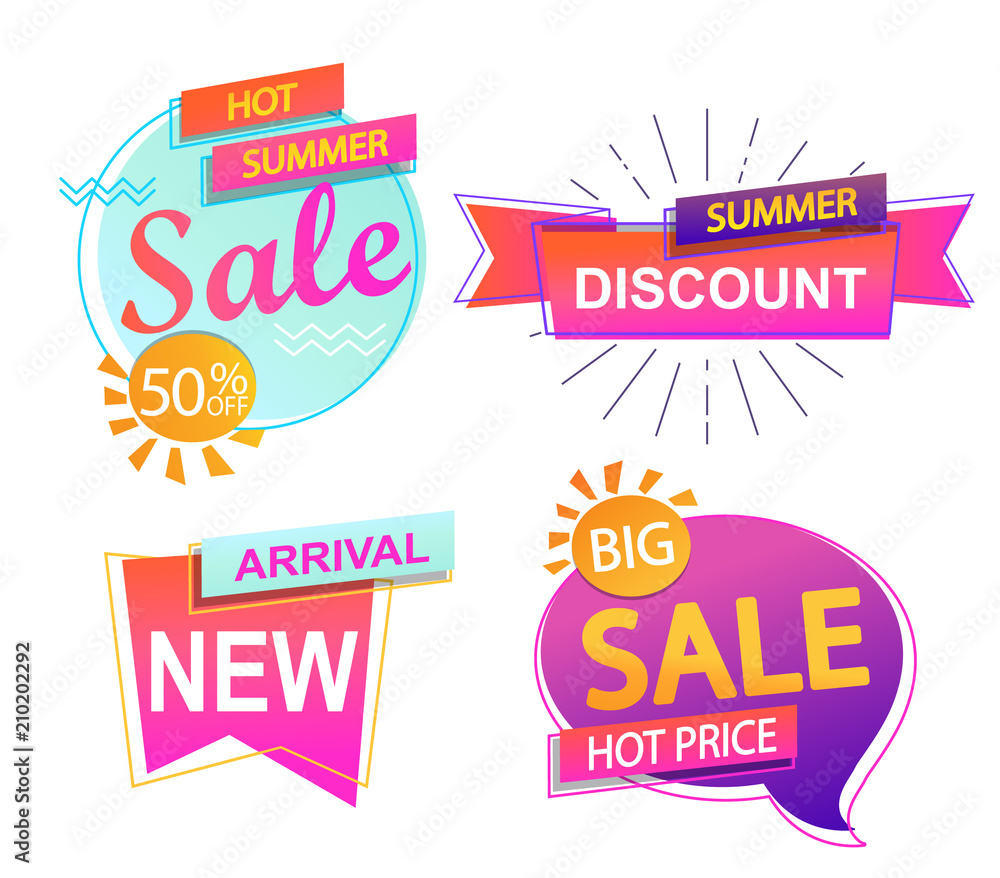 Naklejka Set of 4 banner elements, sale and discount tag collection, hot summer special offer. Modern website stickers. Vector illustration.