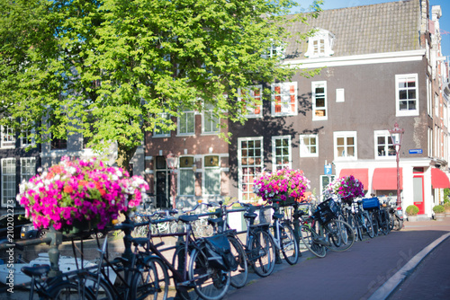 Photography Pretty flowers and many bikes along a canal bridge in Amsterdam