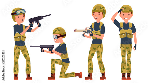 Soldier Male Vector. Poses. Silhouette. Playing In Different Poses. Man Military. War.Ready For Battle. Army. Isolated On White Cartoon Character Illustration