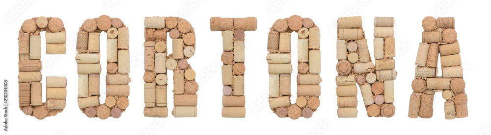 Word Cortona made of wine corks Isolated on white background
