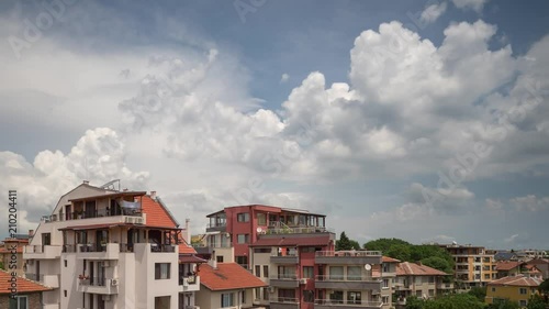 Timelapse of clouds passing over residential apartment building in Burgas, Bulgaria